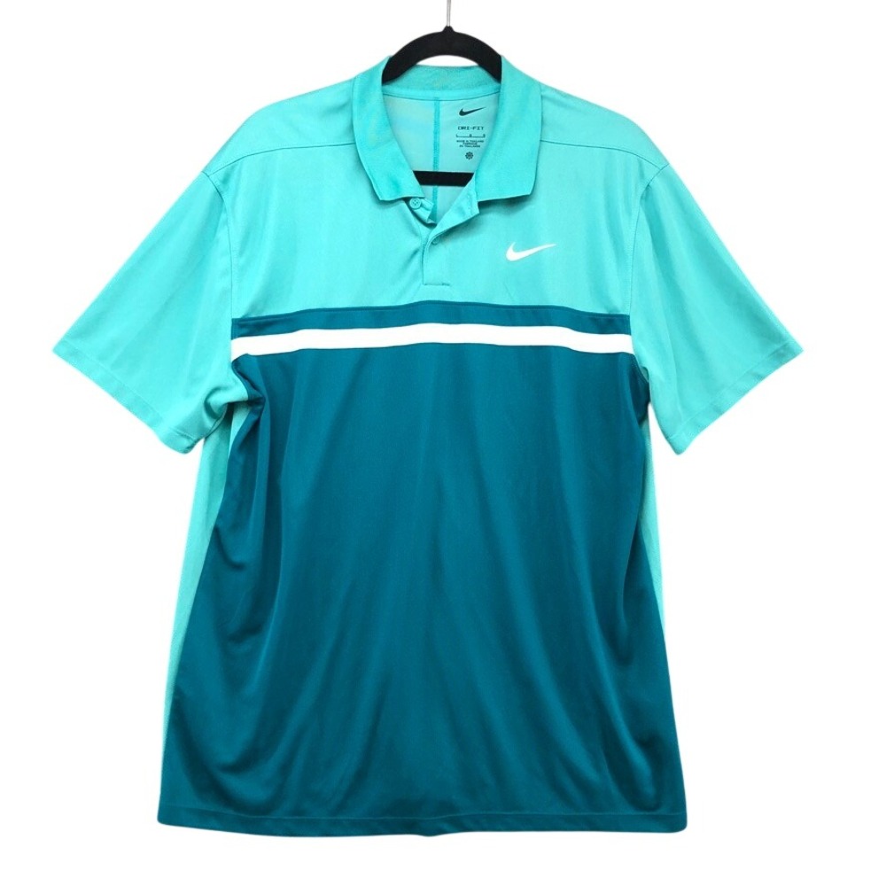 Nike Polo Shirt Mens Large Teal Colorblock Dri-FIT Short Sleeve Preppy Golf